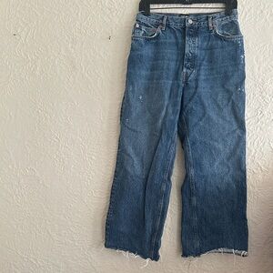 Urban Outfitters BDG Vintage Wide High Rise Dark Wash Distressed Jeans CUT SHORT
